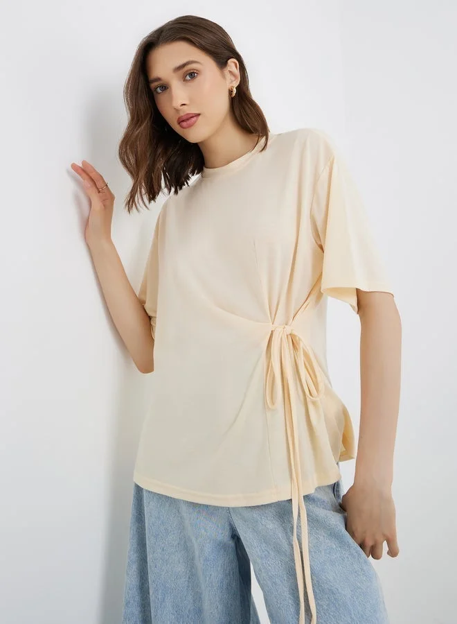 Take Two Solid Round Neck Tie Up Detail Wrap Top
