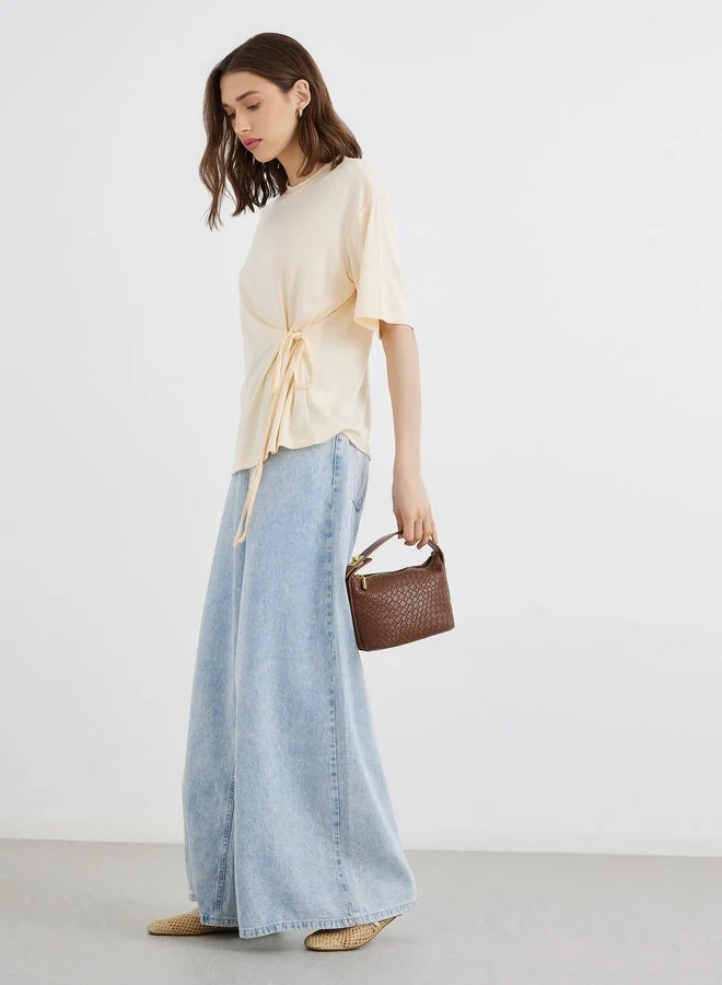 Take Two Solid Round Neck Tie Up Detail Wrap Top