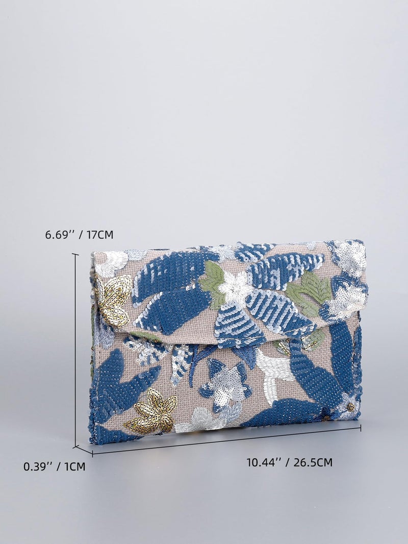 MsAnya Floral Clutch Purses for Women Summer Embroidery Purses Sequin Unique Beaded Evening Bag Wedding Beach Colorful (Blue) - Image 3