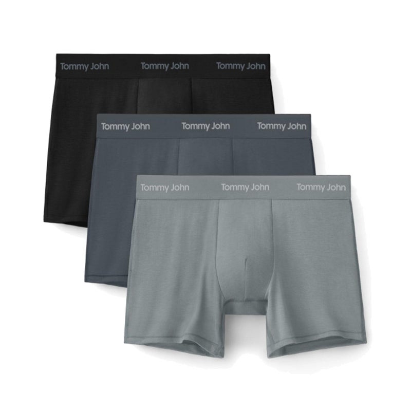Tommy John Men's Luxe Modal 4" Trunk Boxer Brief Underwear 3-Pack, Black/Turbulence/Monument, Large - Image 1