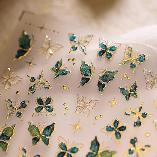 LYLYNB Butterfly Nail Art Stickers Decals, 5D Embossed Nail Art Supplies Cute Nail Design Green Butterfly Nail Decals for Nail Art Self Adhesive Gold Butterfly Nail Stickers for Women DIY Manicure Art 1Pcs - Image 1