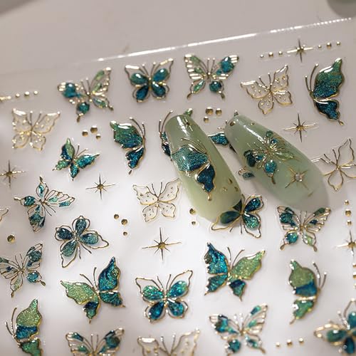 LYLYNB Butterfly Nail Art Stickers Decals, 5D Embossed Nail Art Supplies Cute Nail Design Green Butterfly Nail Decals for Nail Art Self Adhesive Gold Butterfly Nail Stickers for Women DIY Manicure Art 1Pcs - Image 2
