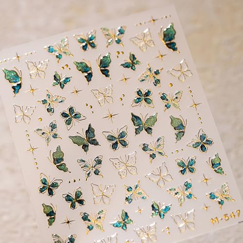 LYLYNB Butterfly Nail Art Stickers Decals, 5D Embossed Nail Art Supplies Cute Nail Design Green Butterfly Nail Decals for Nail Art Self Adhesive Gold Butterfly Nail Stickers for Women DIY Manicure Art 1Pcs - Image 3