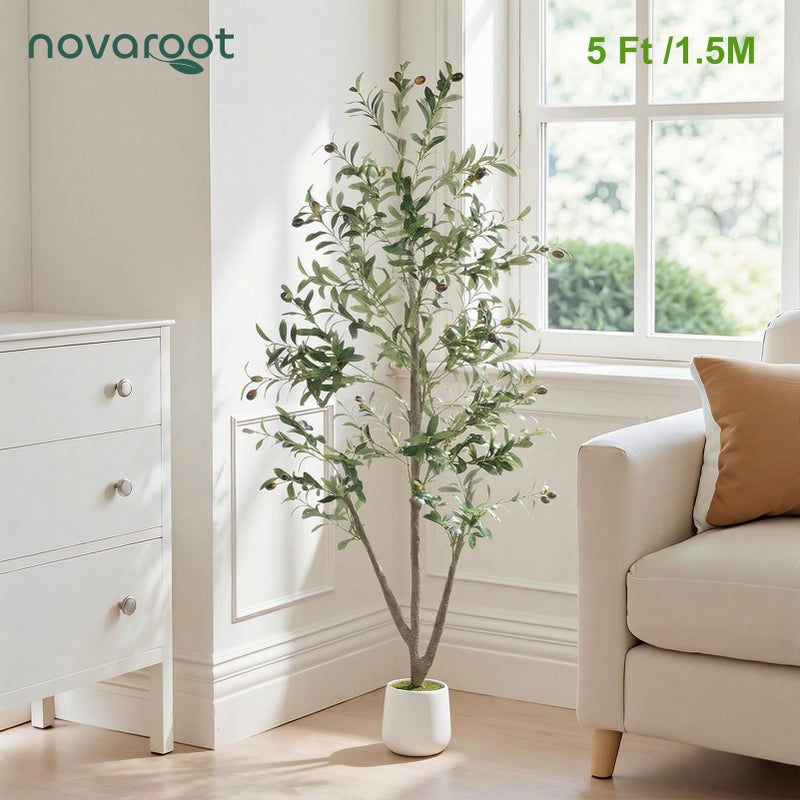 NOVAROOT Olive Tree, 5FT Tall Faux Olive Tree with Lights Moss and Planter, Olive Trees Artificial Indoor with Realistic Wood Trunk and Lifelike Fruits, Fake Olive Tree for Home Office Living Room Decor - Image 2