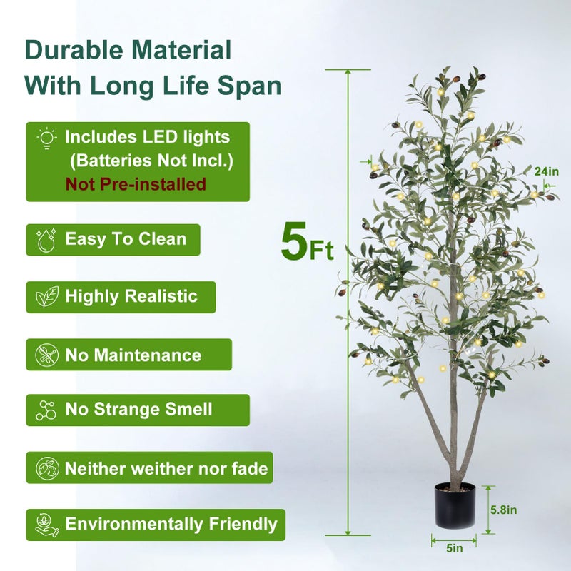 NOVAROOT Olive Tree, 5FT Tall Faux Olive Tree with Lights Moss and Planter, Olive Trees Artificial Indoor with Realistic Wood Trunk and Lifelike Fruits, Fake Olive Tree for Home Office Living Room Decor - Image 3