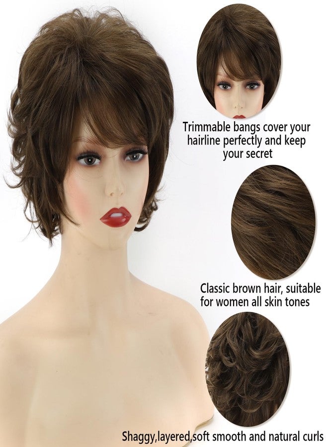 TISHINING Short Curly Brown Pixie Cut Wigs for White Women with Bangs Pixie Laered Mixed Brown Synthetic Shaggy Curly Wigs for Women Natural Looking Daily Party Hair Replacement Wig - Image 3