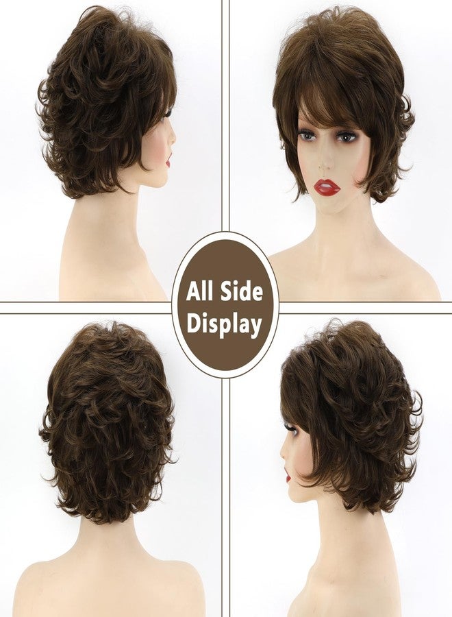 TISHINING Short Curly Brown Pixie Cut Wigs for White Women with Bangs Pixie Laered Mixed Brown Synthetic Shaggy Curly Wigs for Women Natural Looking Daily Party Hair Replacement Wig - Image 2