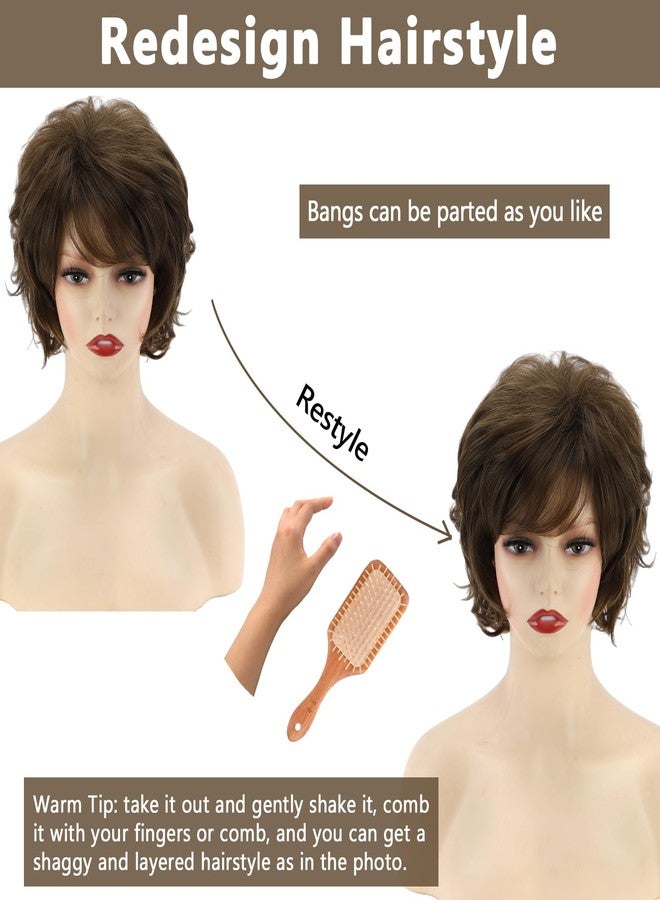 TISHINING Short Curly Brown Pixie Cut Wigs for White Women with Bangs Pixie Laered Mixed Brown Synthetic Shaggy Curly Wigs for Women Natural Looking Daily Party Hair Replacement Wig - Image 4