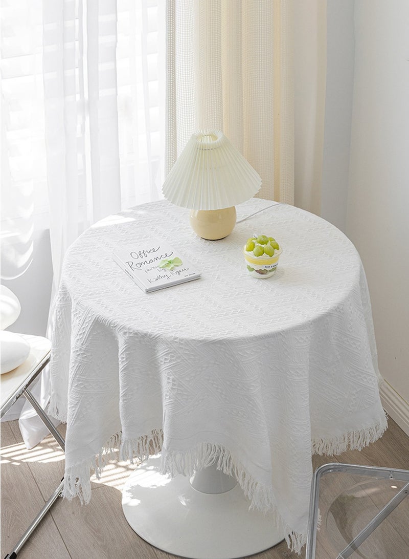 بيروي مفرش طاولة مربع أبيض - 85سم×85سم من القطن والكتان القابل للغسل والمقاوم للتجاعيد مع أهداب، مثالي لمناضد السرير وطاولات القهوة وعربات الشاي وزينة طاولات النزهات - Image 1