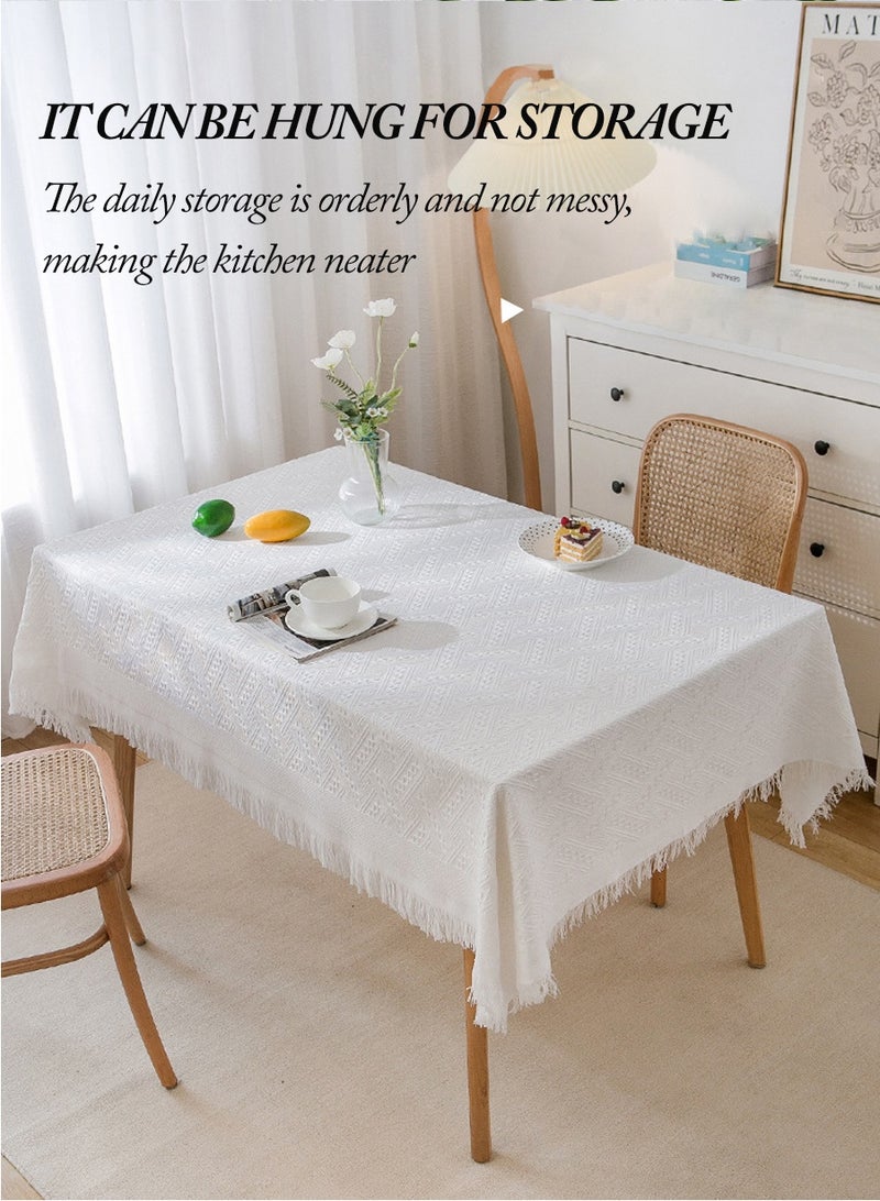بيروي مفرش طاولة مربع أبيض - 85سم×85سم من القطن والكتان القابل للغسل والمقاوم للتجاعيد مع أهداب، مثالي لمناضد السرير وطاولات القهوة وعربات الشاي وزينة طاولات النزهات - Image 2