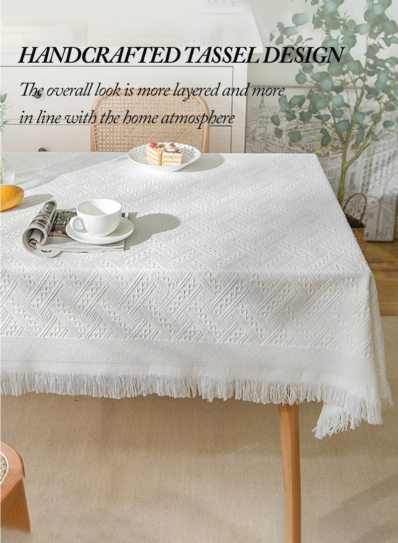 بيروي مفرش طاولة مربع أبيض - 85سم×85سم من القطن والكتان القابل للغسل والمقاوم للتجاعيد مع أهداب، مثالي لمناضد السرير وطاولات القهوة وعربات الشاي وزينة طاولات النزهات - Image 4