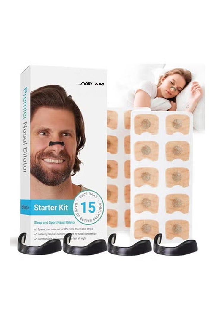 جفكام مجموعة أدوات بدء شرائط الأنف المغناطيسية للتنفس، شرائط الأنف للتنفس، تقلل من الشخير، تحسن جودة النوم بعد ممارسة الرياضة، وسادات الأنف، معدات مريحة مضادة للشخير (30 قطعة، أسود) - Image 1
