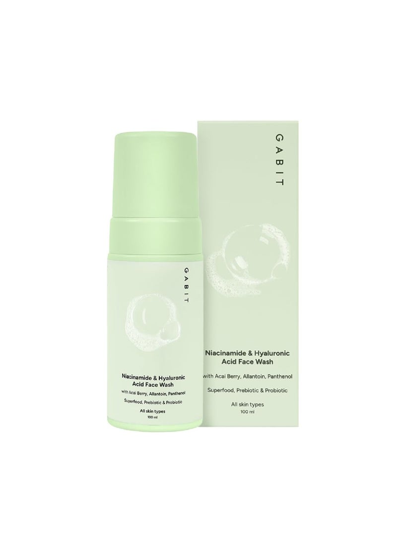 GABIT Niacinamide & Hyaluronic Acid Foaming Face Wash|Gently Cleanses, Non-Drying, Soothes|Vitamin B5, Acai Berry|Dry, Sensitive Skin Types|For Men & Women |Sulphate & Soap Free |100Ml, 50 SPF - Image 1
