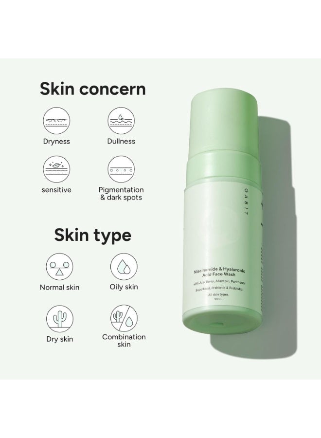 GABIT Niacinamide & Hyaluronic Acid Foaming Face Wash|Gently Cleanses, Non-Drying, Soothes|Vitamin B5, Acai Berry|Dry, Sensitive Skin Types|For Men & Women |Sulphate & Soap Free |100Ml, 50 SPF - Image 2