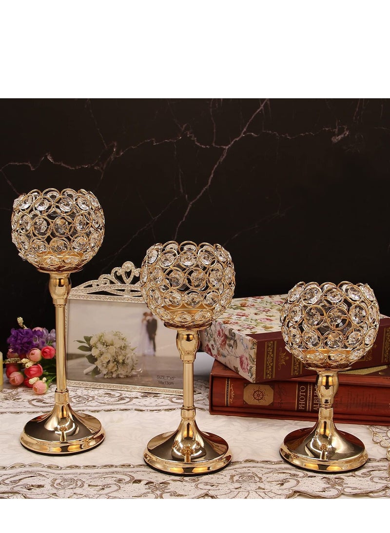XiuWoo Pack of 3Pcs Gold Crystal Candle Holder Decor for Wedding Centerpiece, Tealight Candlestick Holder for Fireplace Candelabra, Home Decor, Party, Housewarming Gift - Image 3
