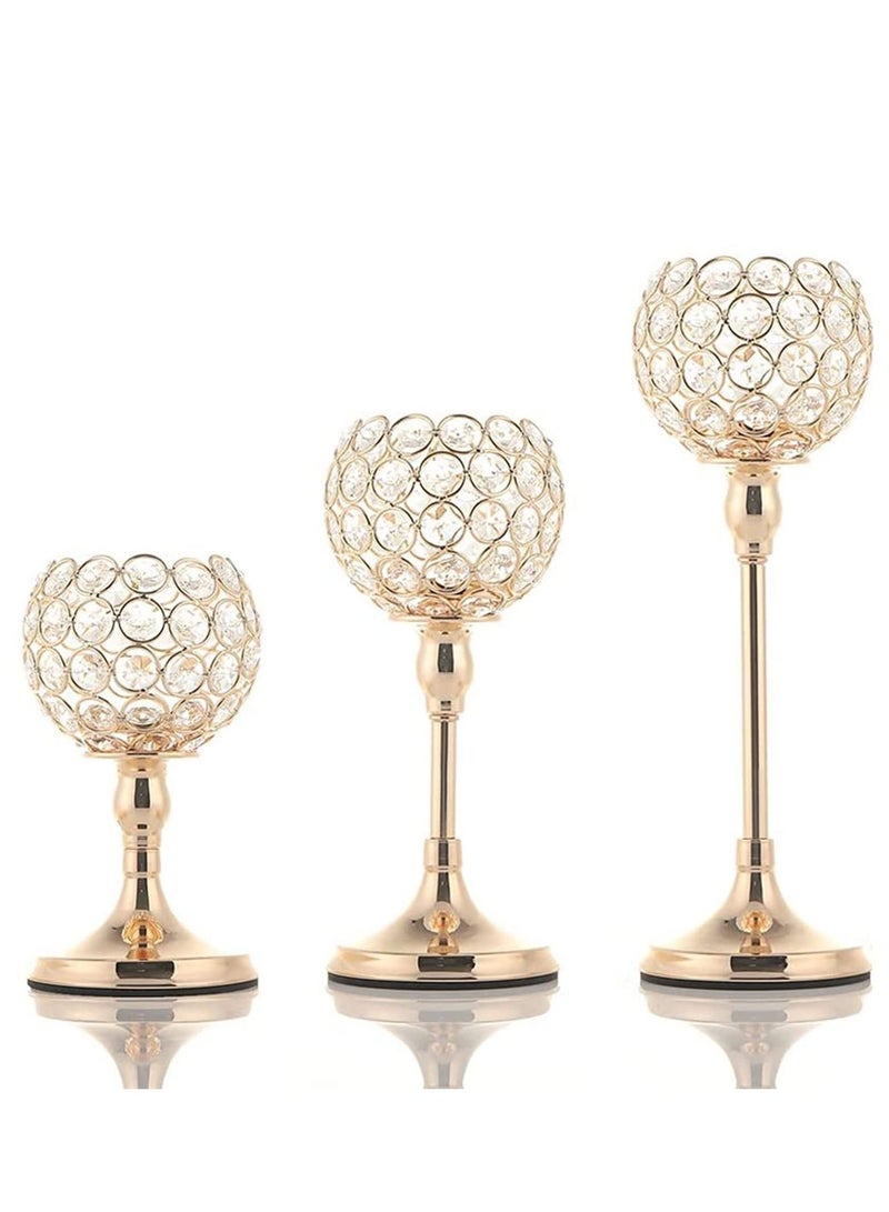 XiuWoo Pack of 3Pcs Gold Crystal Candle Holder Decor for Wedding Centerpiece, Tealight Candlestick Holder for Fireplace Candelabra, Home Decor, Party, Housewarming Gift - Image 1