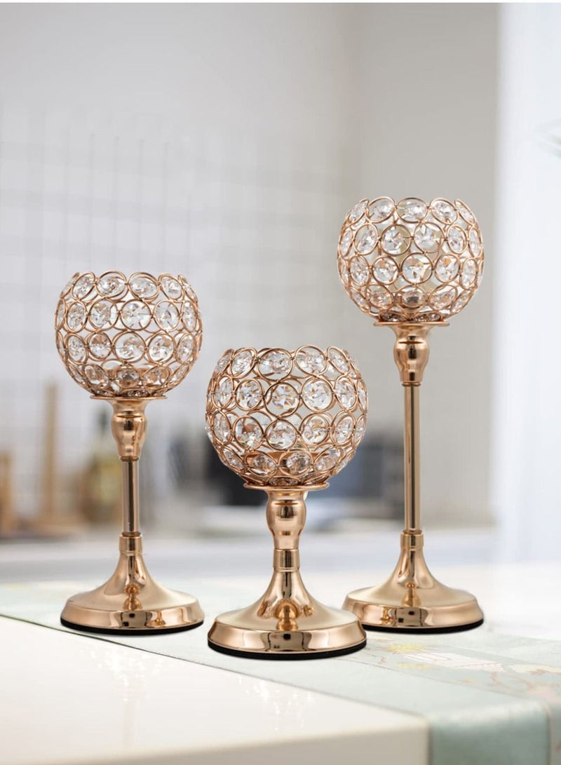 XiuWoo Pack of 3Pcs Gold Crystal Candle Holder Decor for Wedding Centerpiece, Tealight Candlestick Holder for Fireplace Candelabra, Home Decor, Party, Housewarming Gift - Image 4