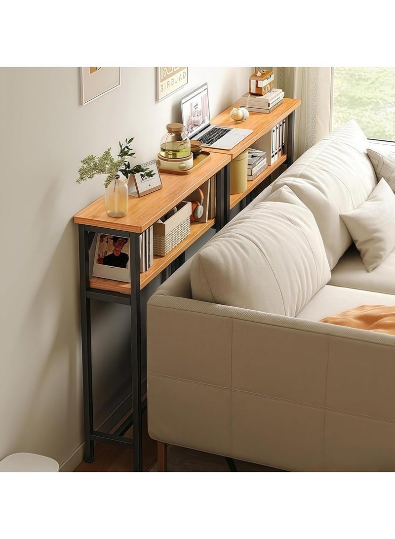 ليدين طاولات أريكة، طاولة وحدة تحكم رمادية ضيقة وطويلة مكونة من طبقتين مع مساحة تخزين خلف طاولة أريكة لغرفة المعيشة، طاولات وحدة تحكم طويلة جدًا للمدخل (أسود) - Image 3