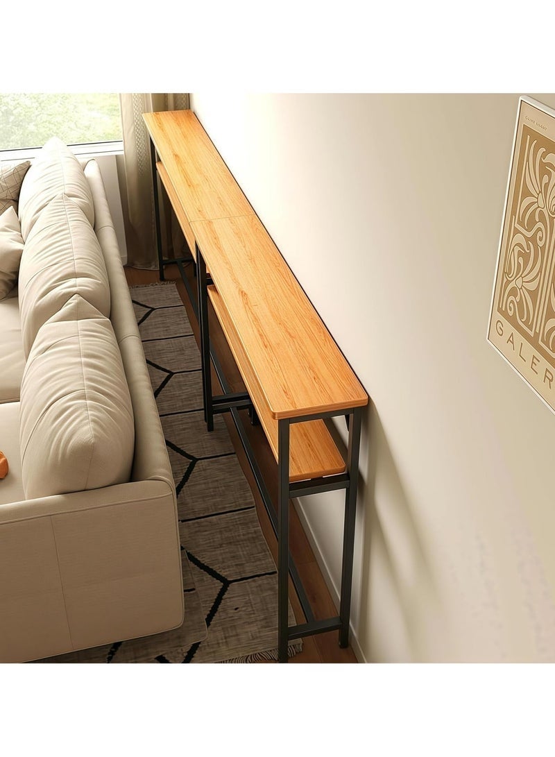 ليدين طاولات أريكة، طاولة وحدة تحكم رمادية ضيقة وطويلة مكونة من طبقتين مع مساحة تخزين خلف طاولة أريكة لغرفة المعيشة، طاولات وحدة تحكم طويلة جدًا للمدخل (أسود) - Image 2