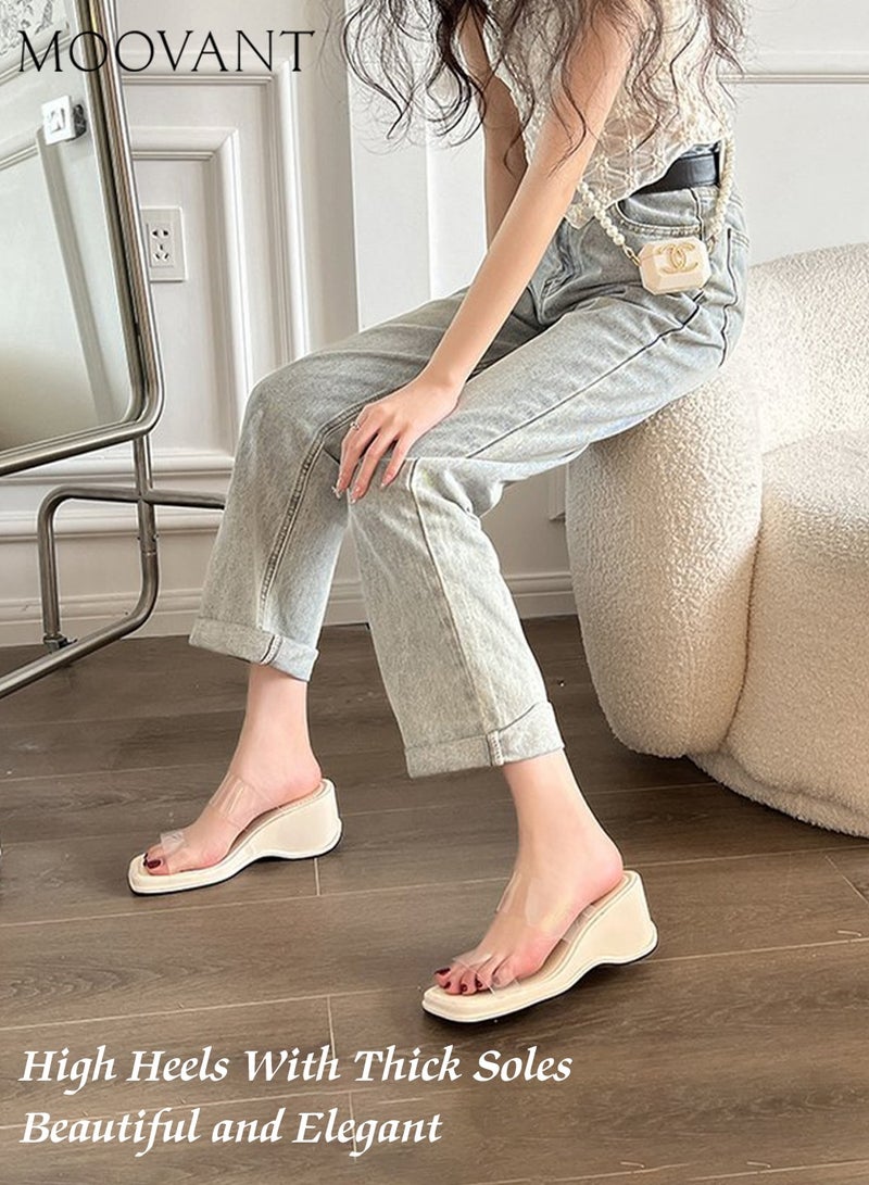 Moovant Fashion Women Wedge Sandal, Platform Sandal, with Transparent One Strap Design, Thick Flat Sandal, High Heel Slippers, Comfortable and Versatile for Daily Commuting - Image 2