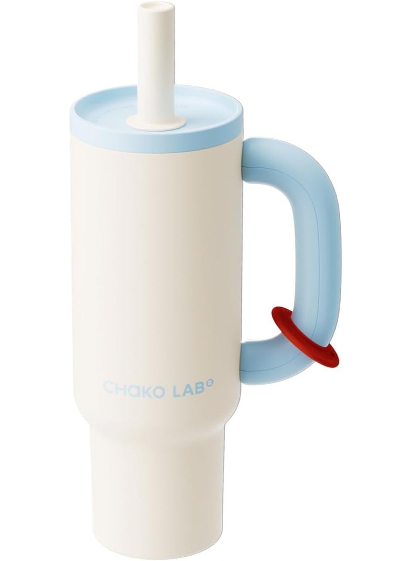 CHAKO LAB BaWang Insulated Stainless Steel Tumbler | Tumbler with Handle and Straw 33oz | Cup Holder Friendly for Travel | Leakproof Water Bottle | BPA-Free | 316 stainless steel liner| white＆blue - Image 1