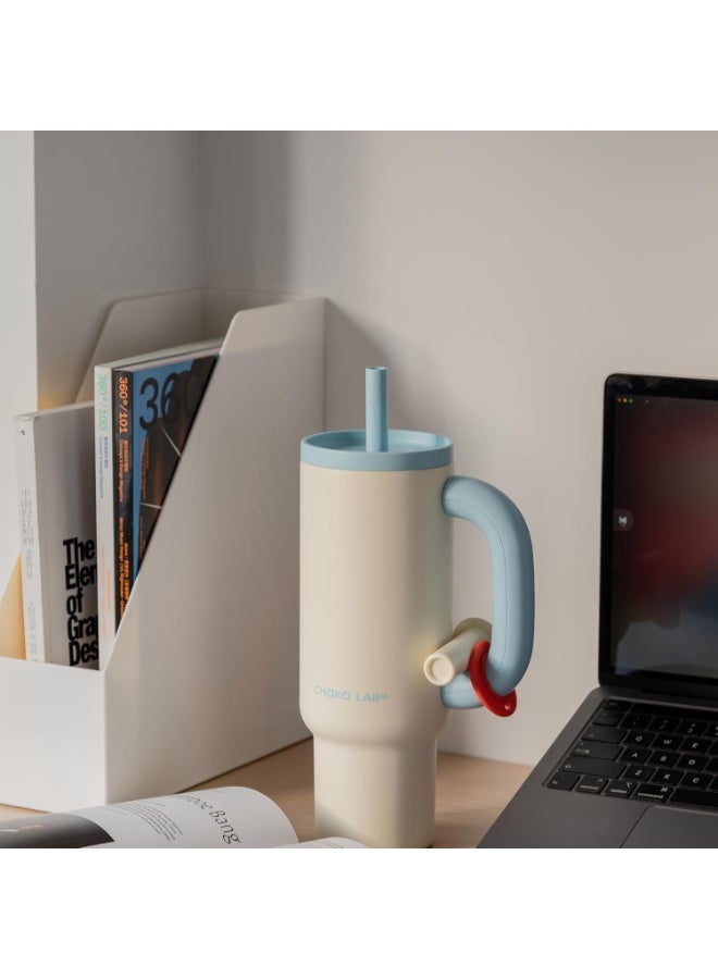 CHAKO LAB BaWang Insulated Stainless Steel Tumbler | Tumbler with Handle and Straw 33oz | Cup Holder Friendly for Travel | Leakproof Water Bottle | BPA-Free | 316 stainless steel liner| white＆blue - Image 2