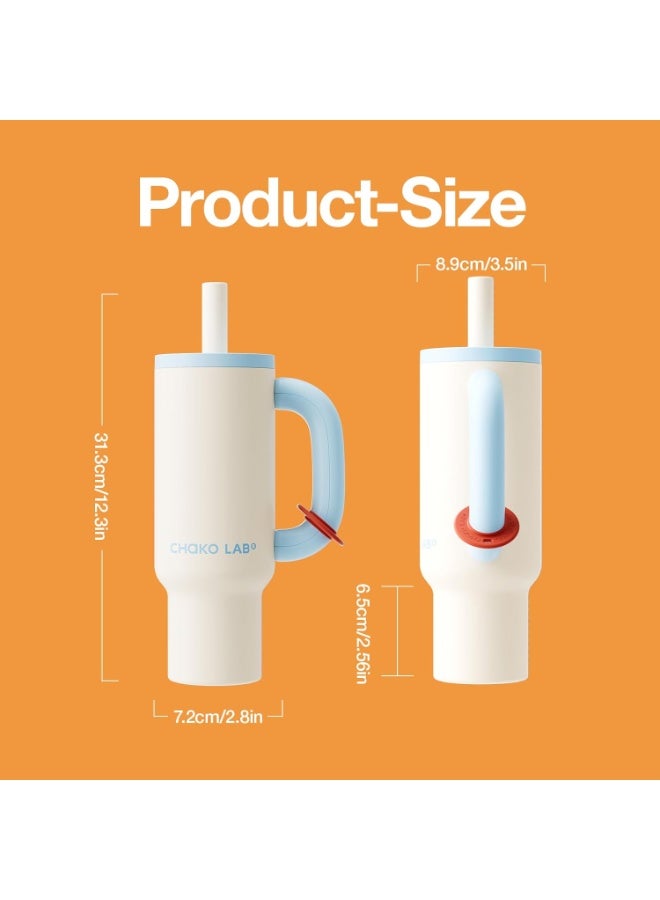 CHAKO LAB BaWang Insulated Stainless Steel Tumbler | Tumbler with Handle and Straw 33oz | Cup Holder Friendly for Travel | Leakproof Water Bottle | BPA-Free | 316 stainless steel liner| white＆blue - Image 3