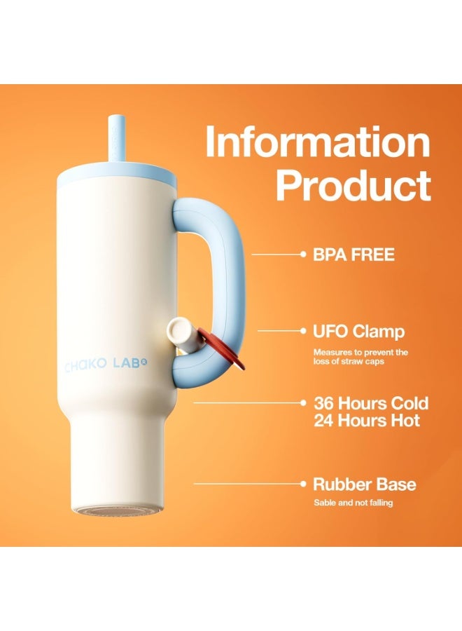 CHAKO LAB BaWang Insulated Stainless Steel Tumbler | Tumbler with Handle and Straw 33oz | Cup Holder Friendly for Travel | Leakproof Water Bottle | BPA-Free | 316 stainless steel liner| white＆blue - Image 4