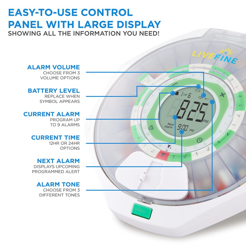 Live Fine 28-Day Automatic Pill Dispenser Frosted Lid with Upgraded LCD Display and Key Lock, Sound & Light for Prescriptions, Medication, Vitamins, Supplements & More - Image 2