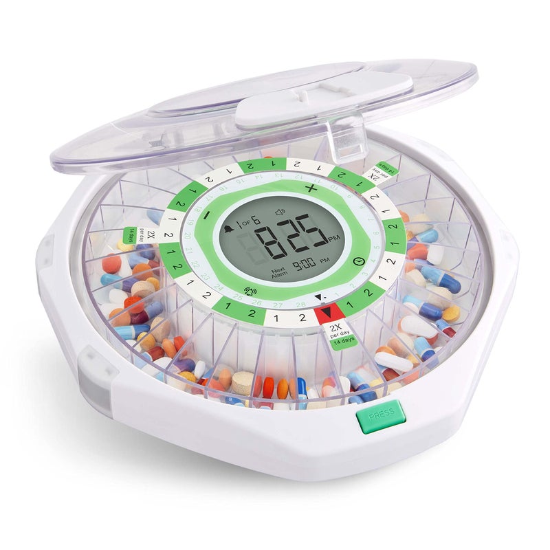 Live Fine 28-Day Automatic Pill Dispenser Frosted Lid with Upgraded LCD Display and Key Lock, Sound & Light for Prescriptions, Medication, Vitamins, Supplements & More - Image 1