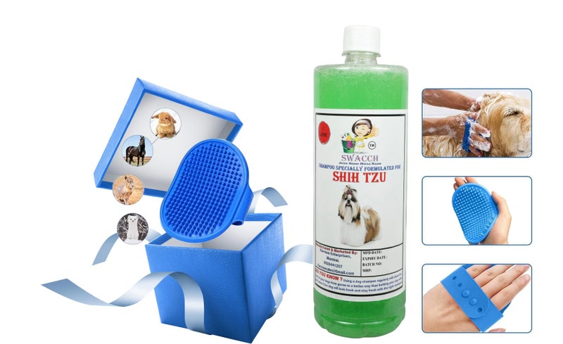 swacch Shampoo | Puppy Safe Shampoo | PH Balanced | Shih Tzu Dog Shampoo 1 Litre Neem Alovera + | Rubber Bath Brush with Adjustable Straps | Pet Massage | Soothing Bristles Hand Brush I Combo Pack - Image 2