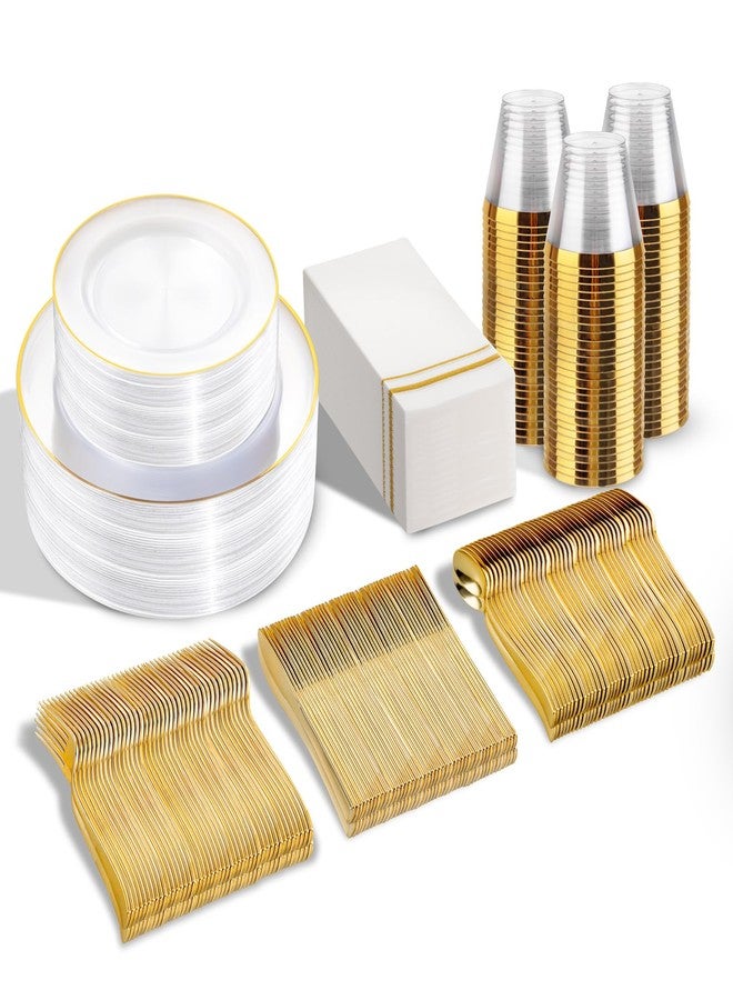 SUT 350Pcs Plastic Dinnerware Set for 50 Guests, Clear and Gold Plastic Plates, Disposable Plates and Napkins Party Supplies, Gold Silverware, Plates, Cups and Napkins Sets for Party Weddings - Image 1
