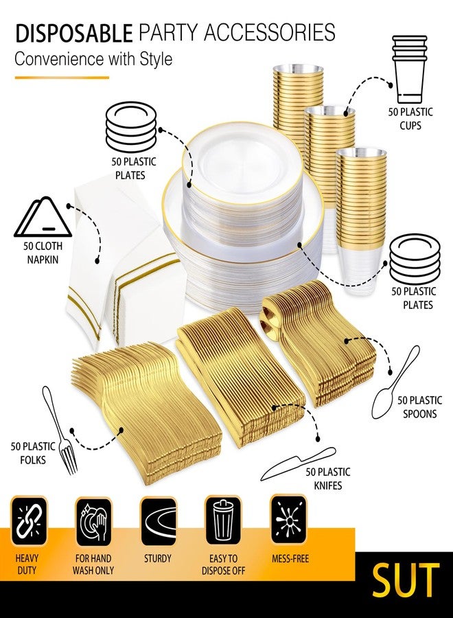 SUT 350Pcs Plastic Dinnerware Set for 50 Guests, Clear and Gold Plastic Plates, Disposable Plates and Napkins Party Supplies, Gold Silverware, Plates, Cups and Napkins Sets for Party Weddings - Image 5