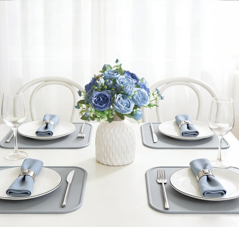 Mkono Peonies Artificial Flowers, Small Silk Flowers for Home Decor Indoor Fake Bouquet Faux Floral Arrangements Dining Table Centerpieces for Kitchen Party Decor Blue - Image 3