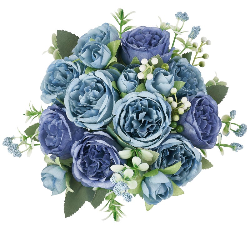 Mkono Peonies Artificial Flowers, Small Silk Flowers for Home Decor Indoor Fake Bouquet Faux Floral Arrangements Dining Table Centerpieces for Kitchen Party Decor Blue - Image 1
