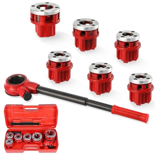 GQGP Pipe Threader Ratchet Kit， Manual Ratcheting Pipe Threading Tool Set with 6 NPT Dies (1/4" 3/8" 1/2" 3/4" 1" 1-1/4"),Portable Pipe Threading Tool Set for Galvanized Aluminum Iron Copper Pipes - Image 1