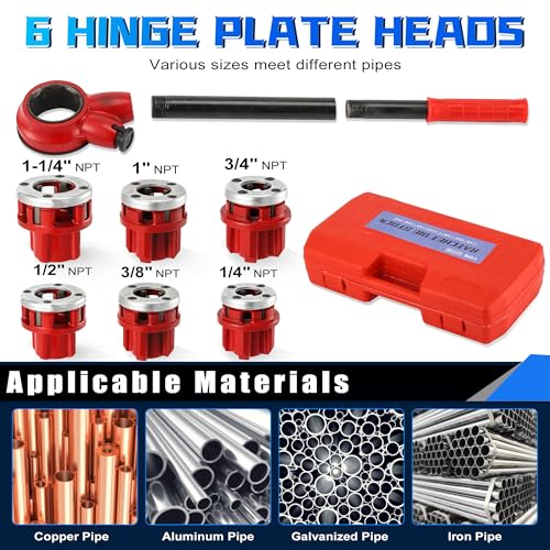 GQGP Pipe Threader Ratchet Kit， Manual Ratcheting Pipe Threading Tool Set with 6 NPT Dies (1/4" 3/8" 1/2" 3/4" 1" 1-1/4"),Portable Pipe Threading Tool Set for Galvanized Aluminum Iron Copper Pipes - Image 5