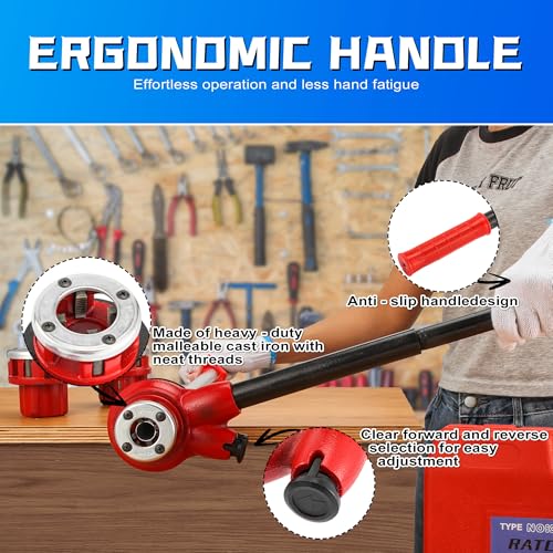 GQGP Pipe Threader Ratchet Kit， Manual Ratcheting Pipe Threading Tool Set with 6 NPT Dies (1/4" 3/8" 1/2" 3/4" 1" 1-1/4"),Portable Pipe Threading Tool Set for Galvanized Aluminum Iron Copper Pipes - Image 3