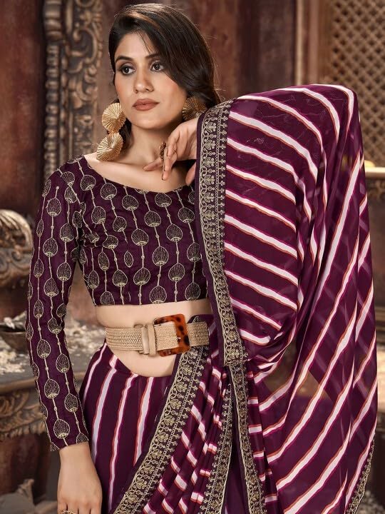 Shiv Textiles Women's Georgette Leheriya & Lace Border Saree(SAT-531S-WINE) - Image 2