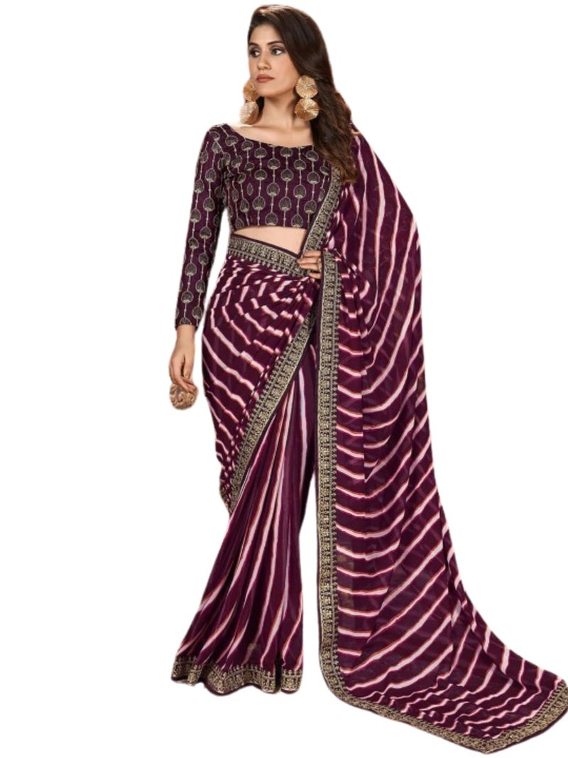 Shiv Textiles Women's Georgette Leheriya & Lace Border Saree(SAT-531S-WINE) - Image 1