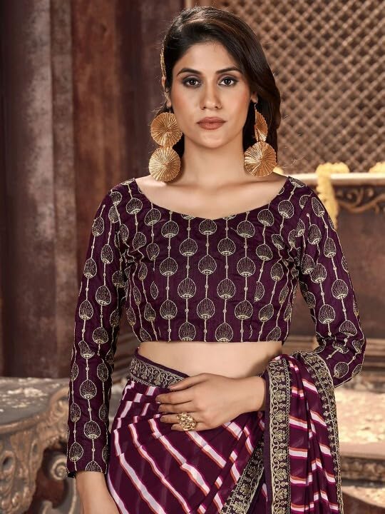 Shiv Textiles Women's Georgette Leheriya & Lace Border Saree(SAT-531S-WINE) - Image 3