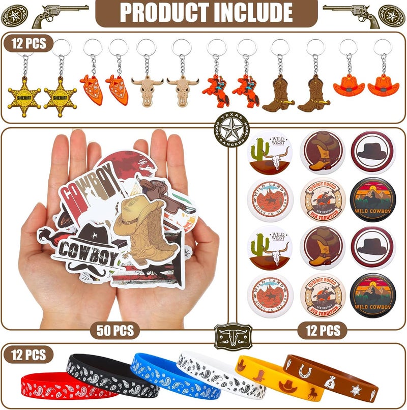 Sureio سوريو 86 قطعة هدايا حفلة رعاة البقر الغربية تشمل 12 سلسلة مفاتيح 12 سوار سيليكون رعاة البقر الغربية دبابيس أزرار 50 ملصق موضوع مقاوم للماء لوازم حفلة عيد الميلاد - Image 3