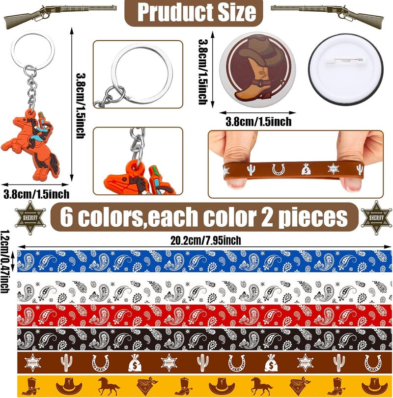Sureio سوريو 86 قطعة هدايا حفلة رعاة البقر الغربية تشمل 12 سلسلة مفاتيح 12 سوار سيليكون رعاة البقر الغربية دبابيس أزرار 50 ملصق موضوع مقاوم للماء لوازم حفلة عيد الميلاد - Image 2