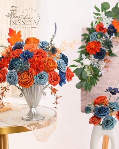 Senseya Artificial Flowers Combo, Teal Orange Silk Roses, Peonies, Dahlias with Stems for DIY Wedding Bouquets, Baby Shower, Table Centerpieces, Home Decor, Fake Floral Arrangements, Party Decorations - Image 5