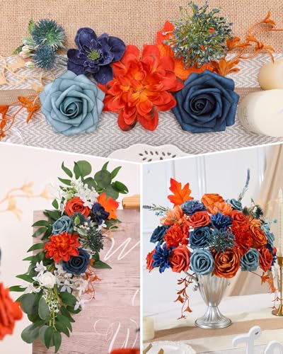 Senseya Artificial Flowers Combo, Teal Orange Silk Roses, Peonies, Dahlias with Stems for DIY Wedding Bouquets, Baby Shower, Table Centerpieces, Home Decor, Fake Floral Arrangements, Party Decorations - Image 3