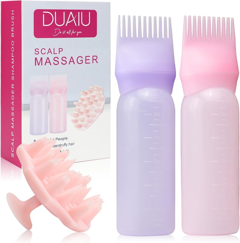 DUAIU Scalp Massage Brush with 2Pcs Root Comb Applicator Bottle, Silicone Massager Hair Oil Applicator Bottles Set for Scalp, Shampoo Scrubber Applicator for Hair Dye and Hair Care Tools