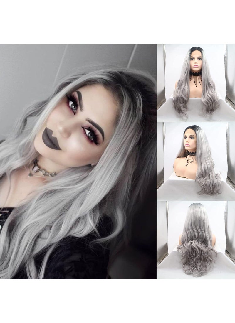 RainaHair - Ombre Gray 2 Tones Synthetic Lace Front Wig Dark Roots Long Loose Wave Silver Grey Replacement Hair Wigs For Women Heat Resistant Fiber Hair Half Hand Tied 24 Inch loose wavelace front wig - Image 1
