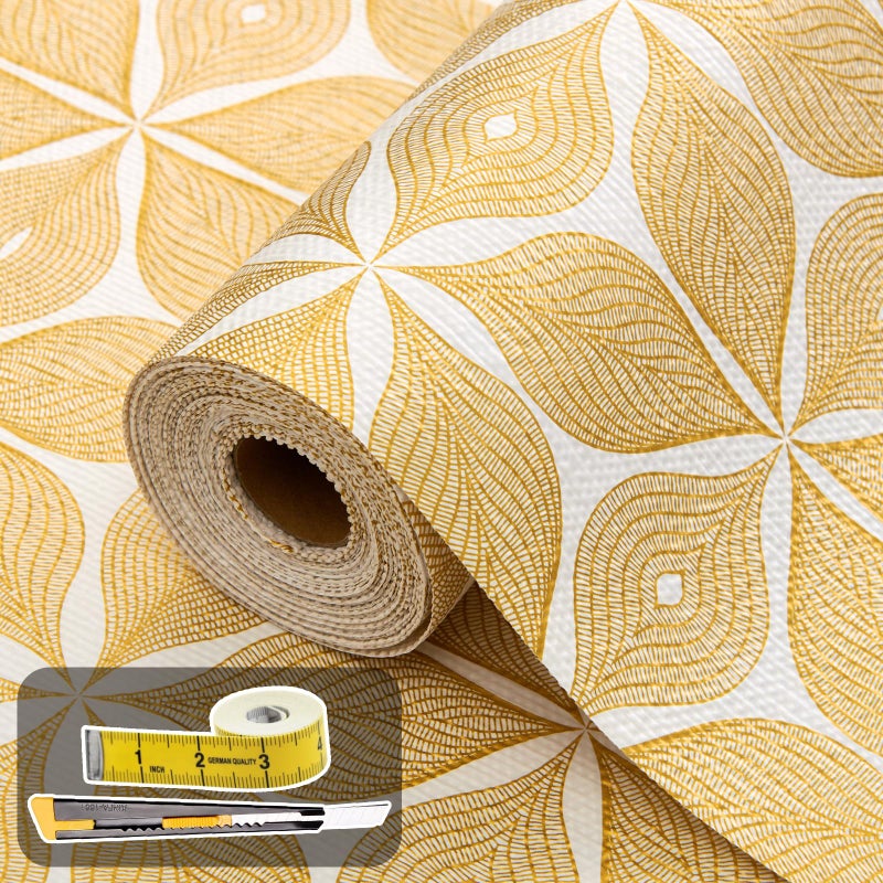 Kimhan Shelf Liners for Kitchen Cabinets 12in x 20FT, Non Adhesive Cabinet Liner Strong Non-Slip Golden Leaf Drawer Liner, Easy to Clean for Shelf, Cabinet with Knife and Tape Measure - Image 1