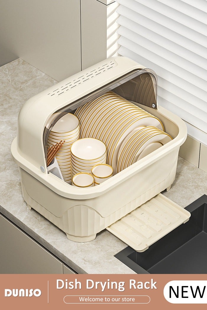 DUNISO Dish Drying Rack,Large Dish Racks Organizers with Cover Lid and Drainboard,Tableware Storage Box for Kitchen Counter Cabinets Space Saver Organizer Multifunctional Kitchen Counter Organizers Storage Rack for Dish, Knives, Cup and Cutting Board Dish Drainer Dish - Image 1