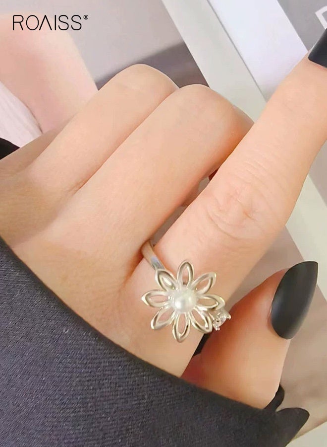 رويس خاتم فضة نسائي، خاتم مفتوح بتصميم زهور بسيط للنساء، خاتم مؤشر دائري بتصميم هندسي من اللؤلؤ المخرم، مجوهرات بسيطة مطلية بالكهرباء ومرصعة بالألماس، ذهب أبيض - Image 2